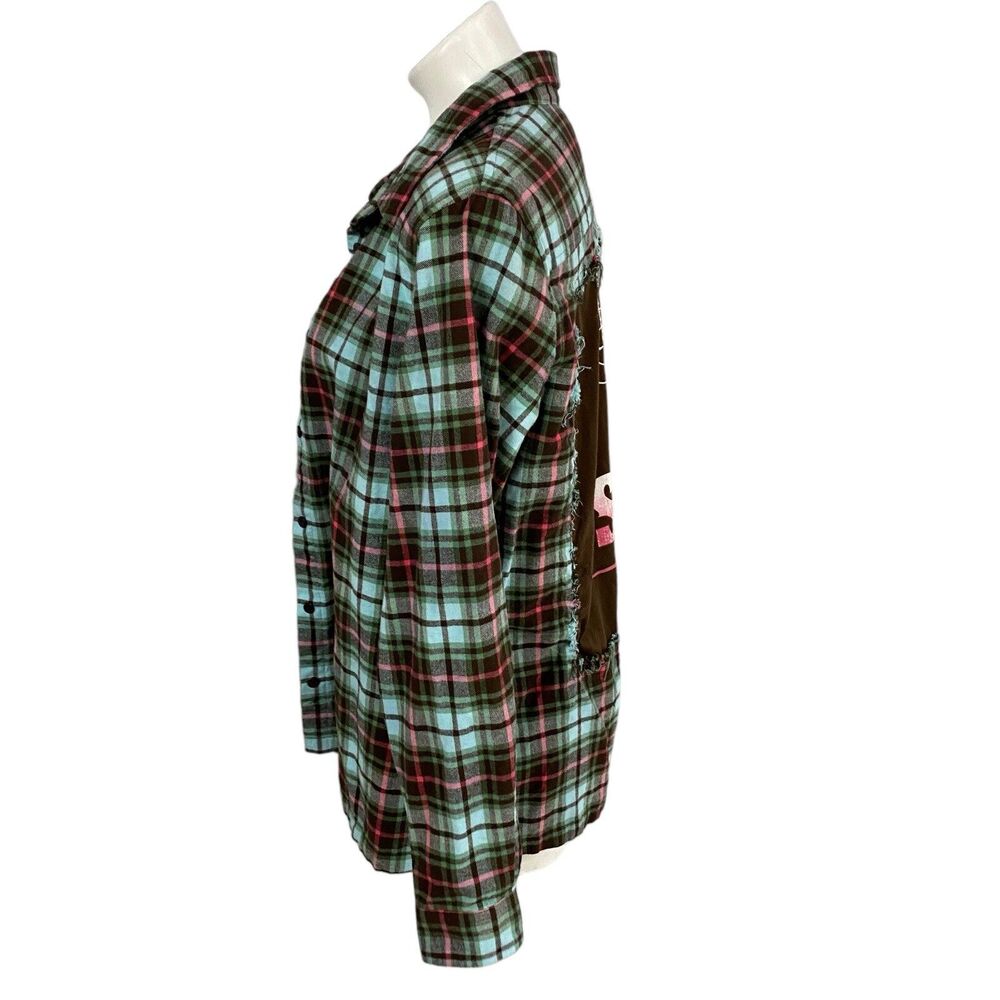 Upcycled Flannel Shirt Womens Large Shacket Hunting Green Country Grunge Camp - Picture 11 of 16